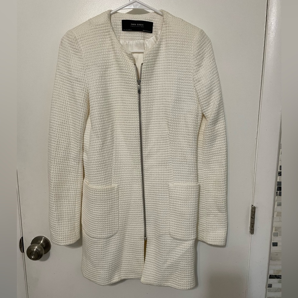 Zara Basic Collection Full Zip Cream Long Sleeve satin Lined Knit Long Jacket SM